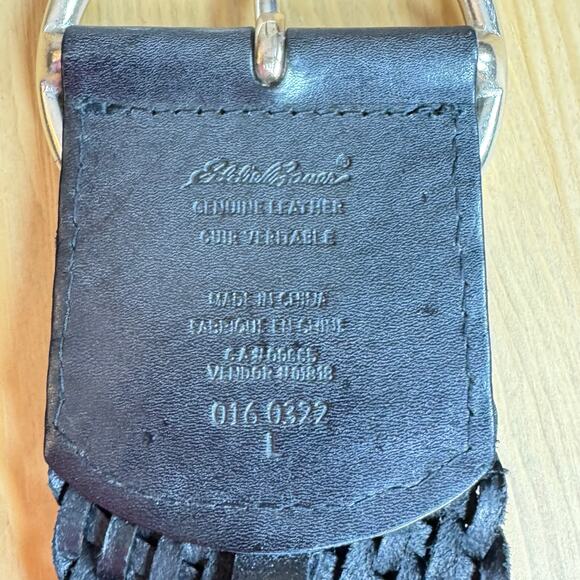 Eddie Bauer Women’s Belt Wide Woven Leather Black M/L Solid Brass Silver Tone - Picture 5 of 6